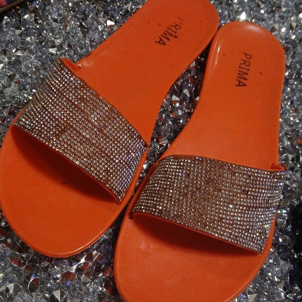 Orange Rhinestone Slide Sandals